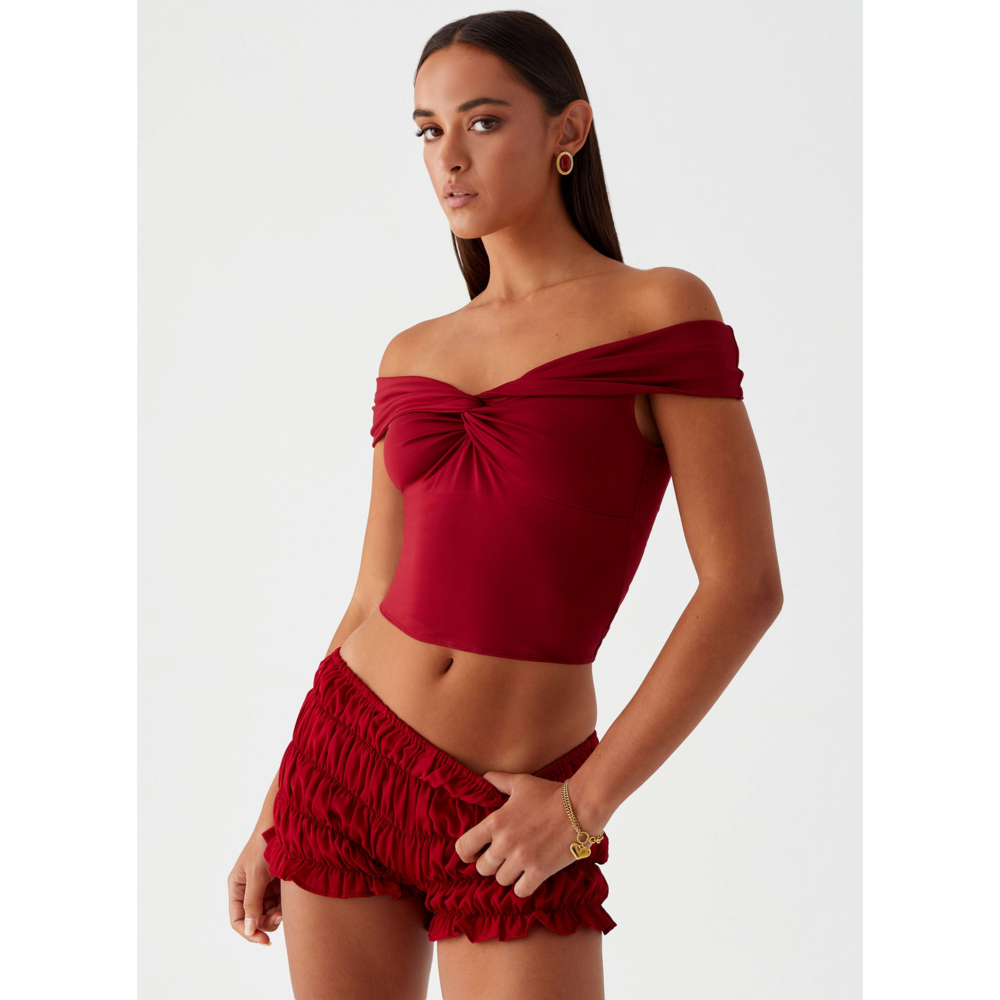 Peppermayo Exclusive Trixie Twist Off Shoulder Top - Maroon in Red